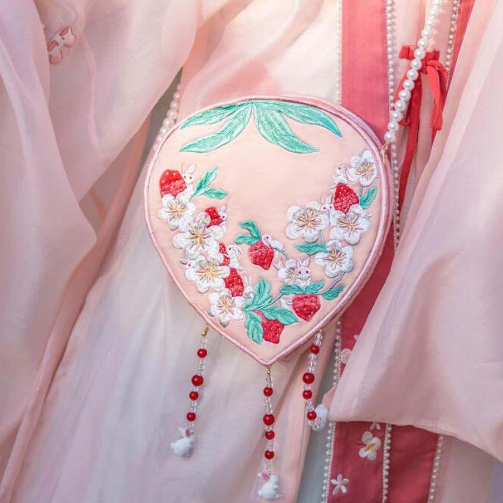 Pink Vintage Hanfu Embroidery Bag Strawberry Handmade Shoulder Crossbody Bag Cellphone Bag Round Handbag - Clothes For Her Online Store