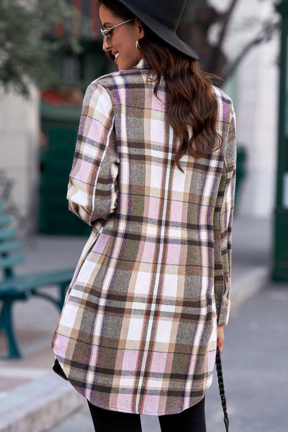Plaid Button-Up Longline Shirt Jacket - Clothes For Her Online Store