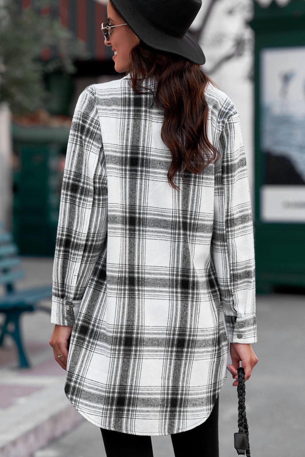 Plaid Button-Up Longline Shirt Jacket - Clothes For Her Online Store