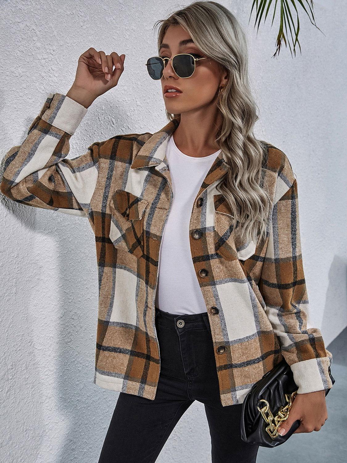 Plaid Button Down Collared Jacket - Clothes For Her Online Store