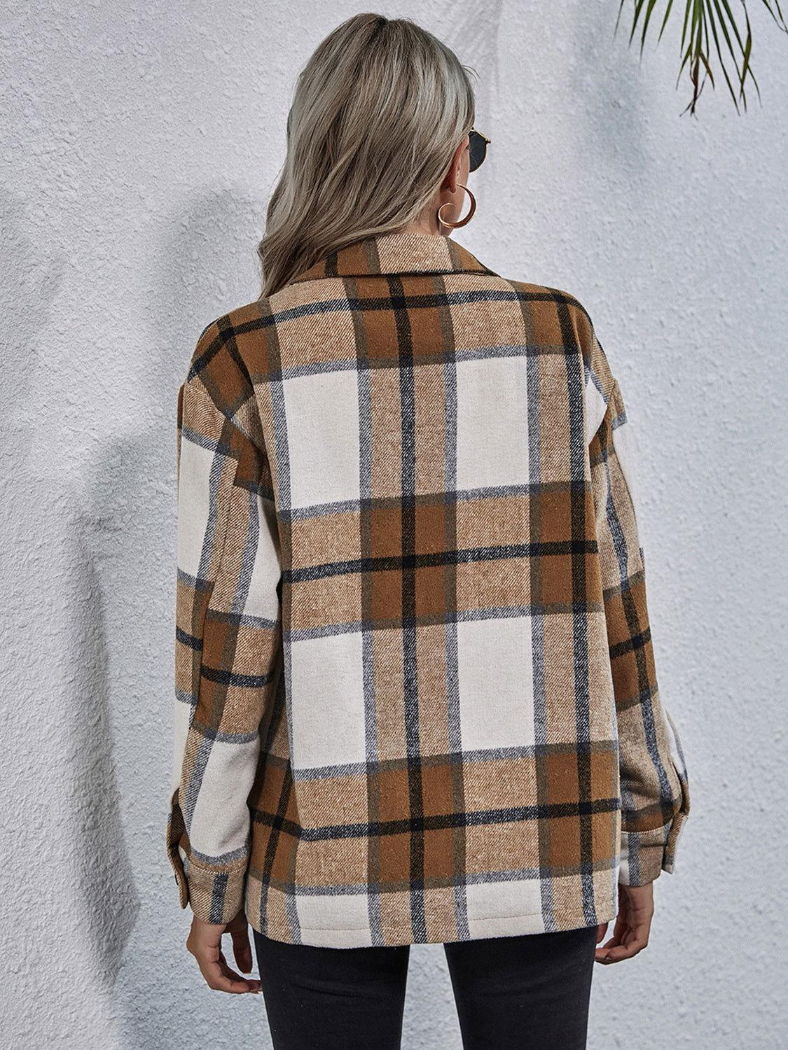 Plaid Button Down Collared Jacket - Clothes For Her Online Store