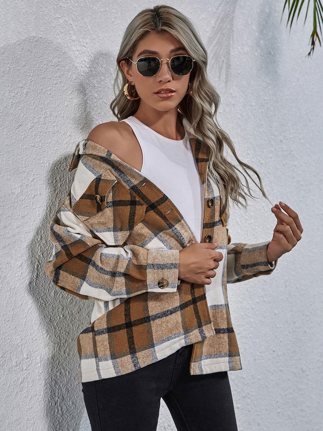 Plaid Button Down Collared Jacket - Clothes For Her Online Store