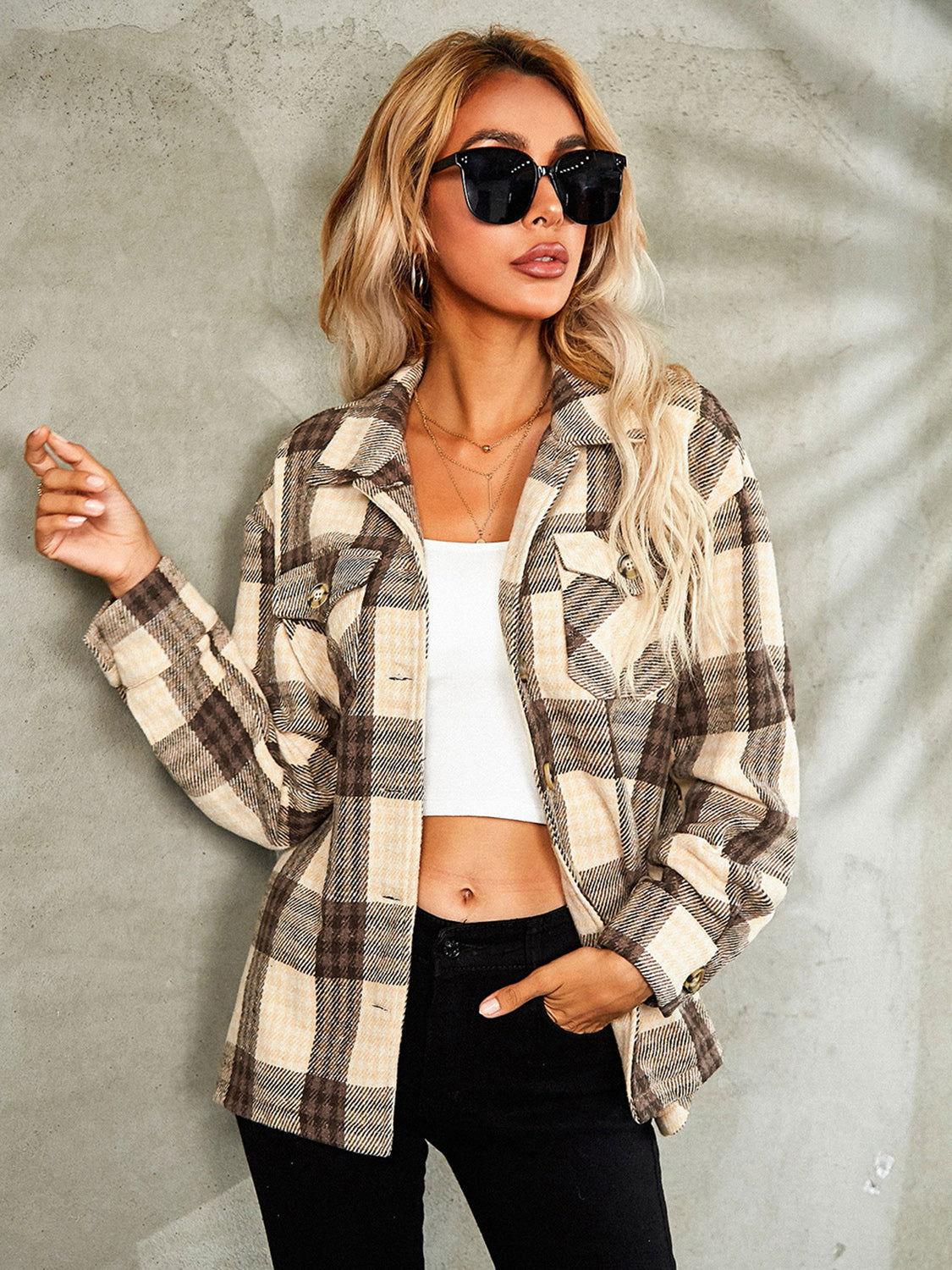 Plaid Button Down Collared Jacket - Clothes For Her Online Store