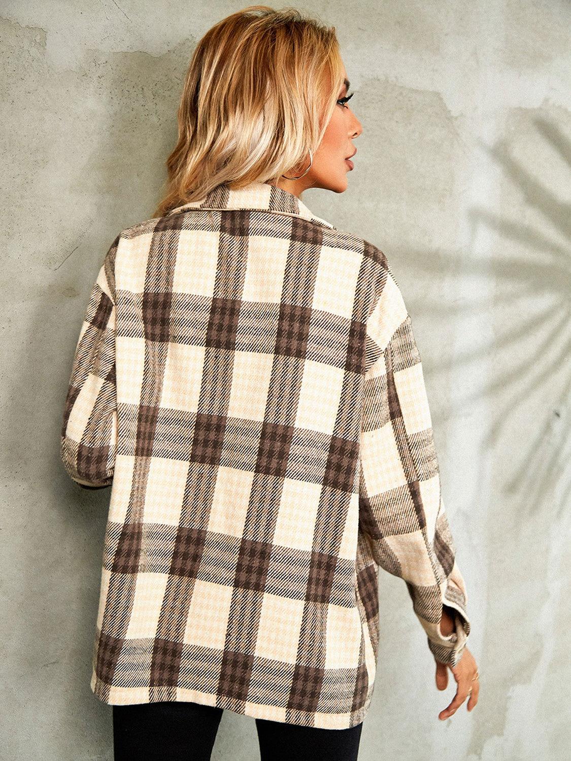 Plaid Button Down Collared Jacket - Clothes For Her Online Store
