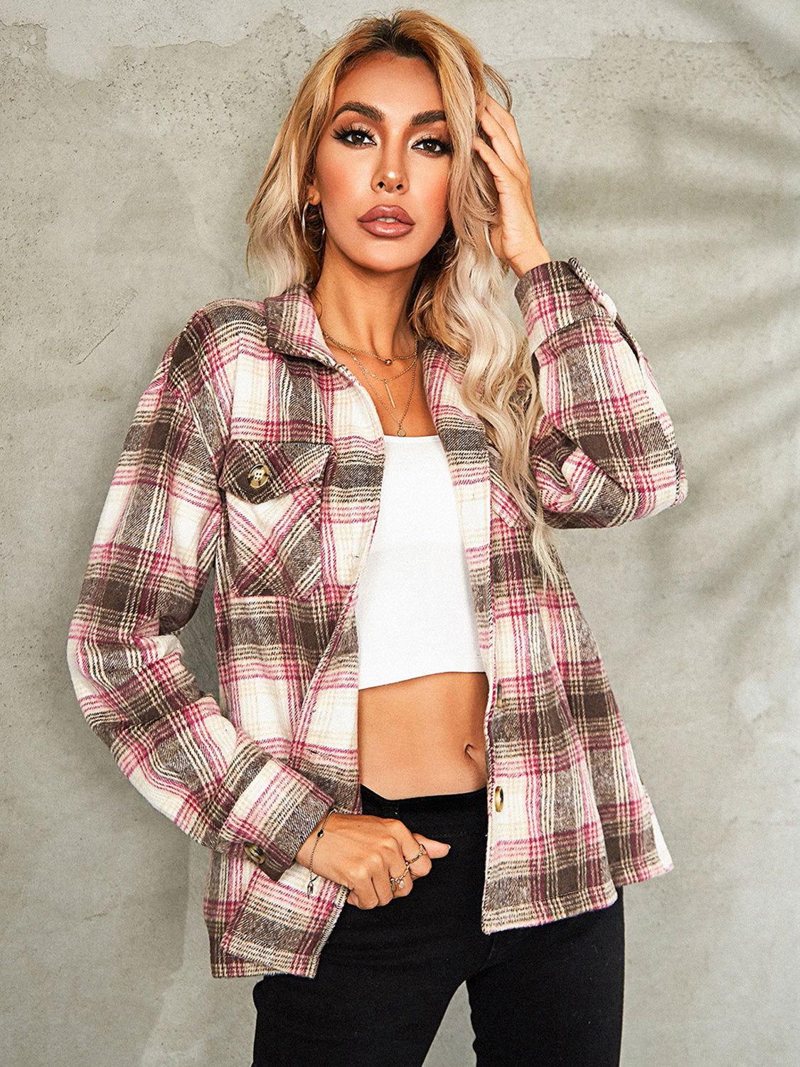 Plaid Button Down Collared Jacket - Clothes For Her Online Store