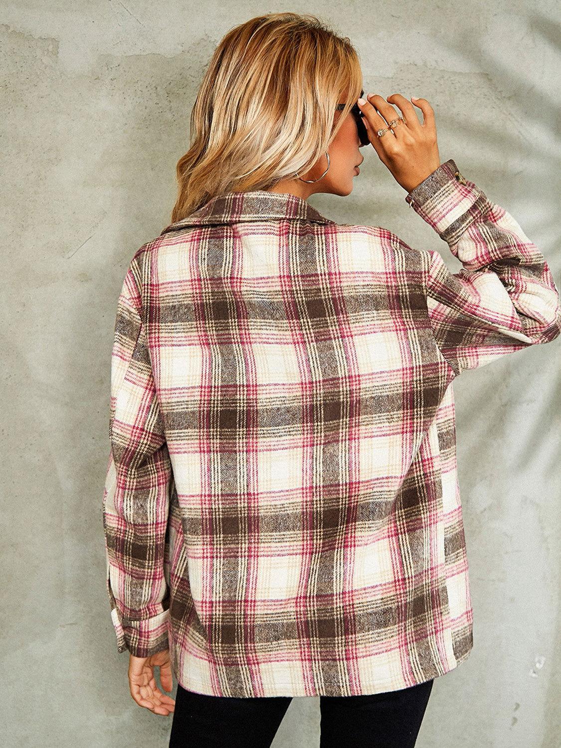 Plaid Button Down Collared Jacket - Clothes For Her Online Store