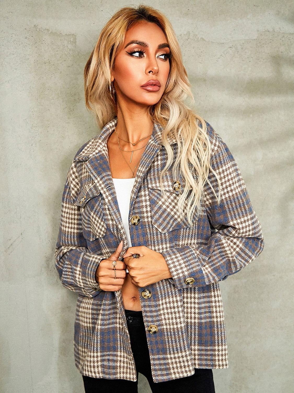 Plaid Button Down Collared Jacket - Clothes For Her Online Store