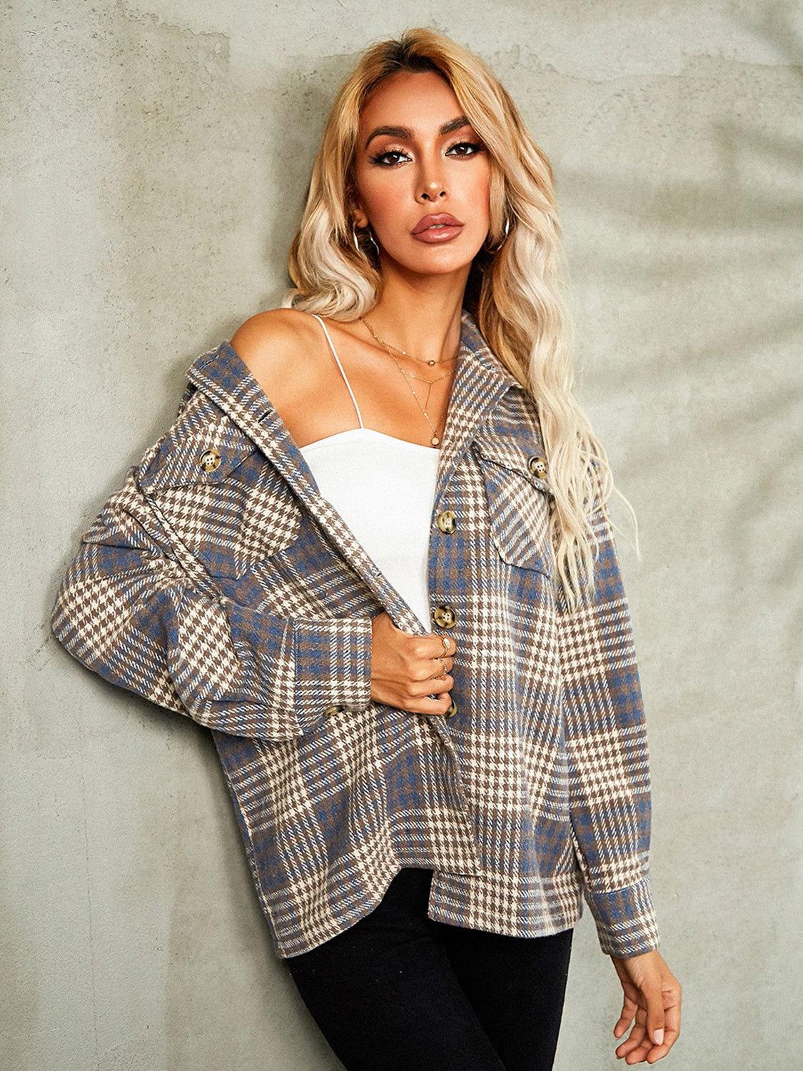 Plaid Button Down Collared Jacket - Clothes For Her Online Store