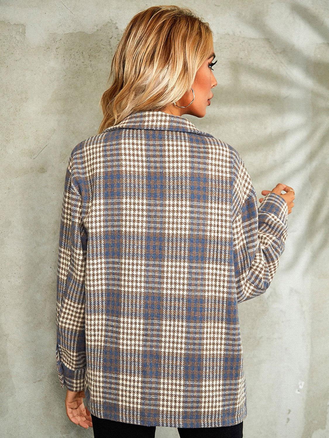 Plaid Button Down Collared Jacket - Clothes For Her Online Store