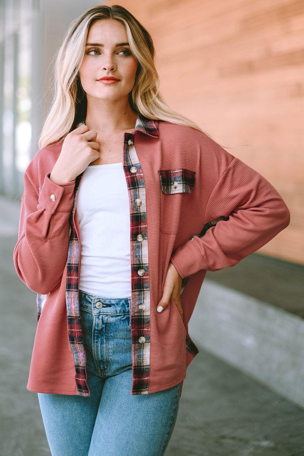 Plaid Button Down Collared Jacket - Clothes For Her Online Store