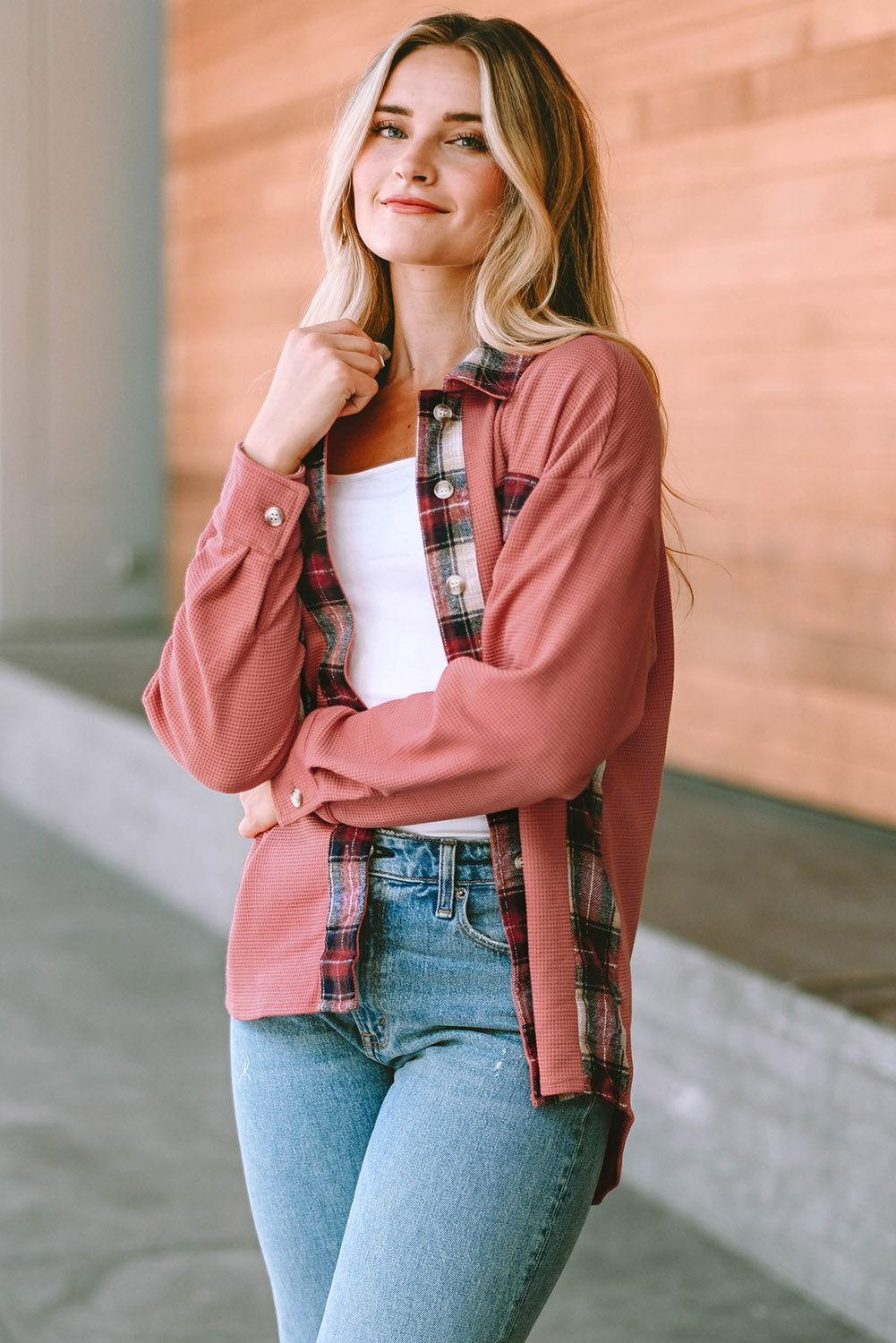 Plaid Button Down Collared Jacket - Clothes For Her Online Store