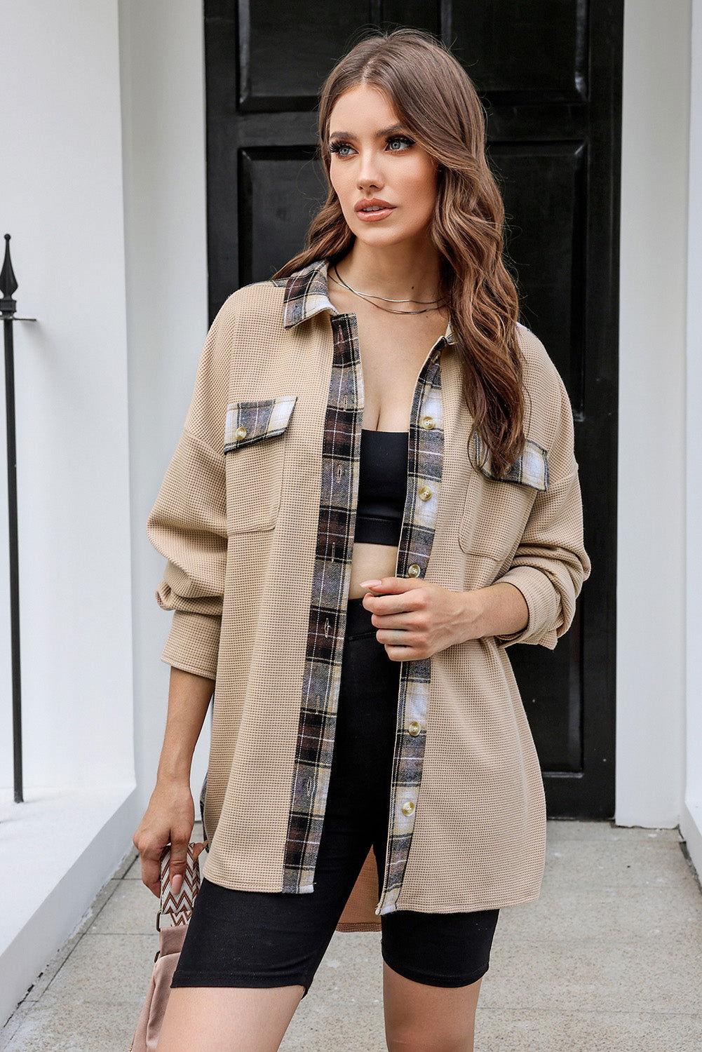 Plaid Button Down Collared Jacket - Clothes For Her Online Store