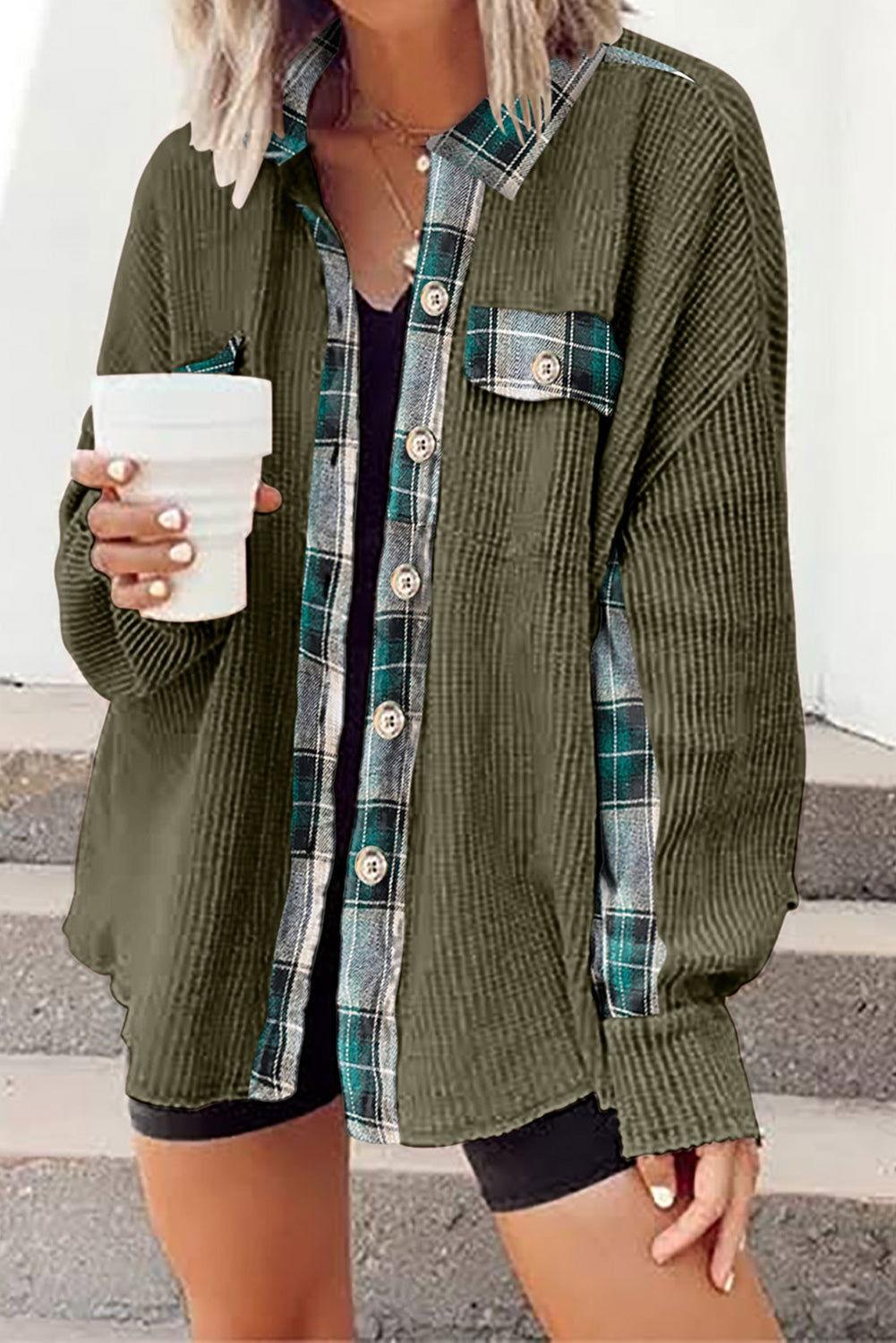 Plaid Button Down Collared Jacket - Clothes For Her Online Store