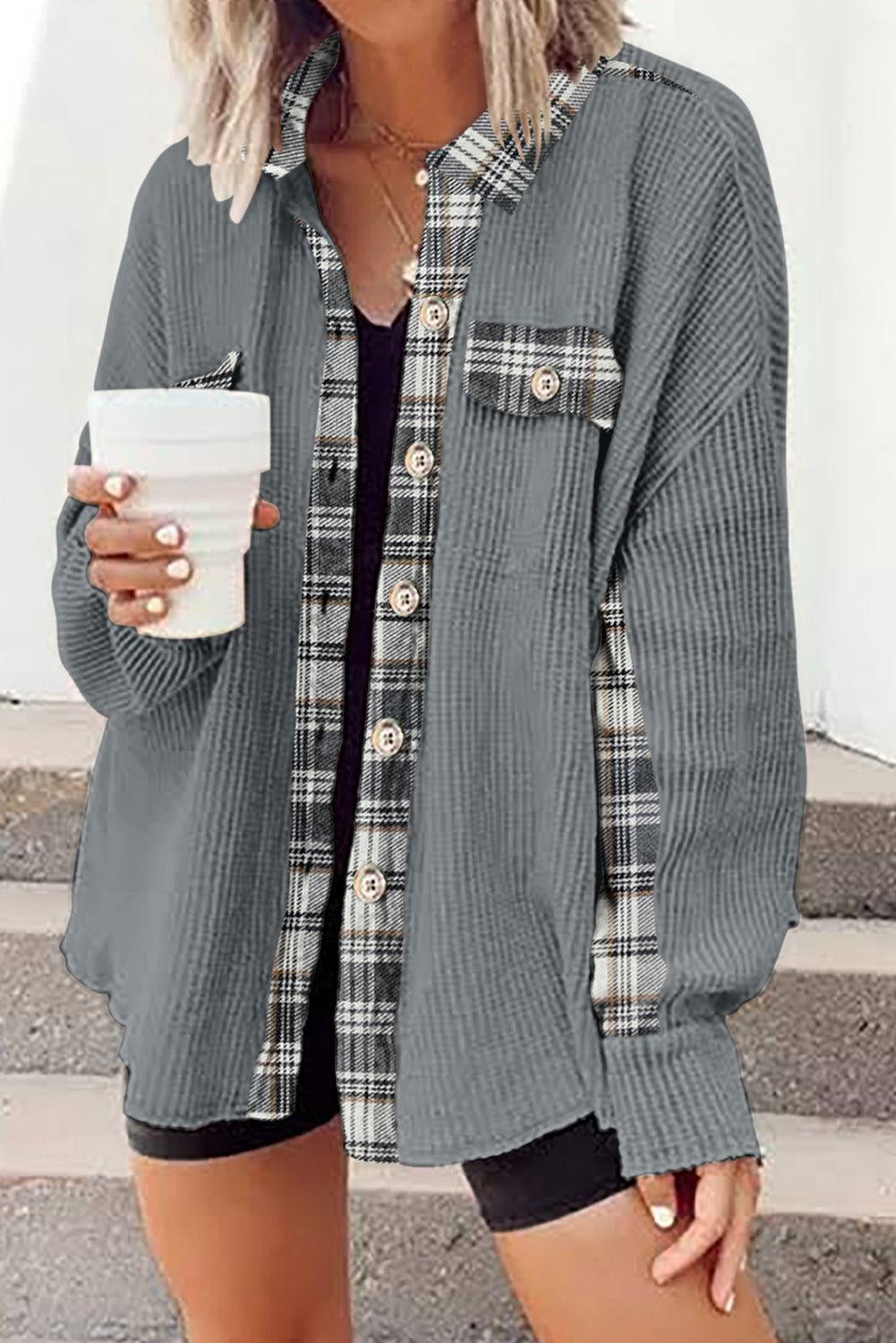 Plaid Button Down Collared Jacket - Clothes For Her Online Store