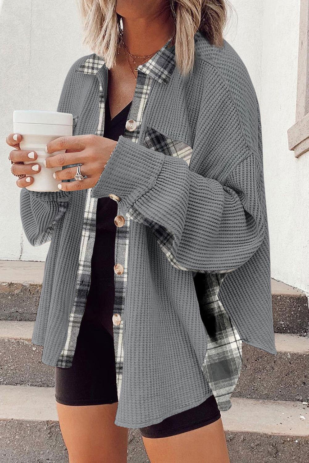 Plaid Button Down Collared Jacket - Clothes For Her Online Store