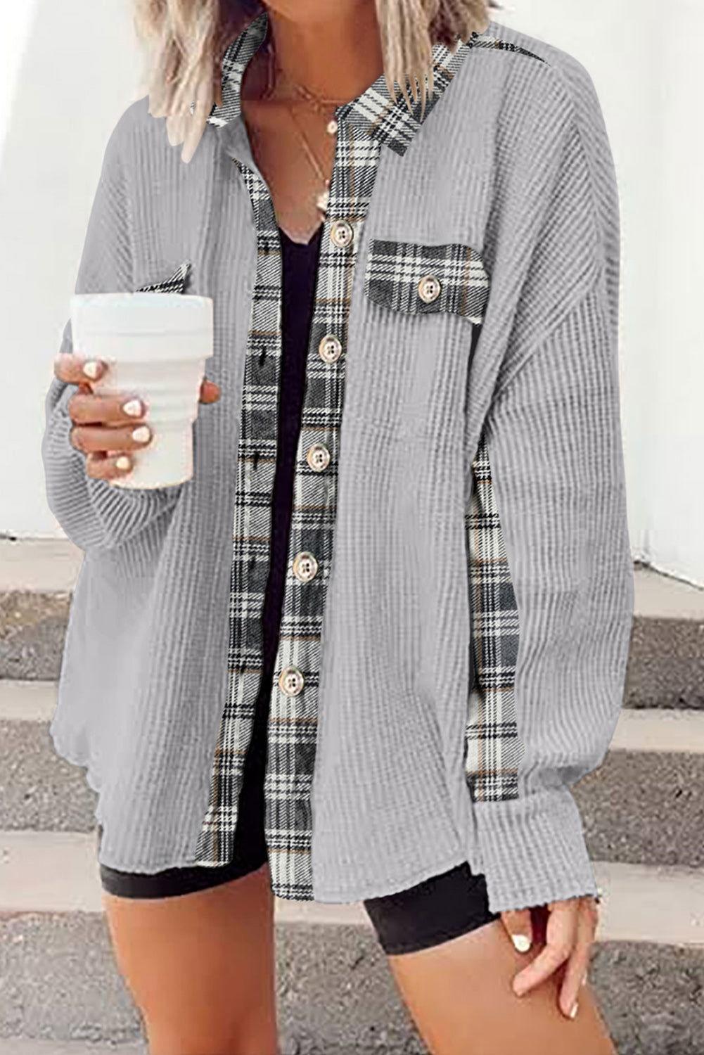 Plaid Button Down Collared Jacket - Clothes For Her Online Store