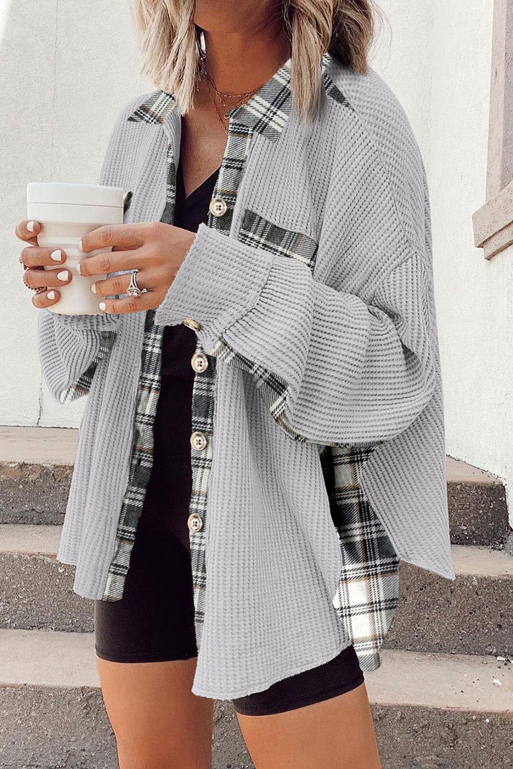 Plaid Button Down Collared Jacket - Clothes For Her Online Store