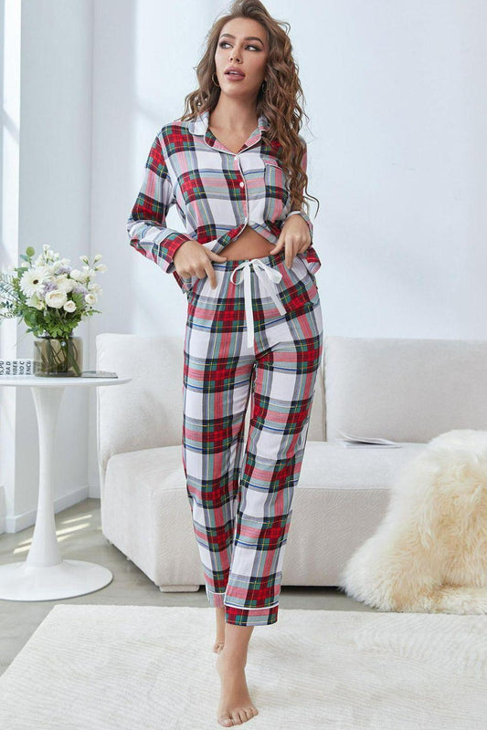 Plaid Button Front Top and Pants Lounge Set - Clothes For Her Online Store