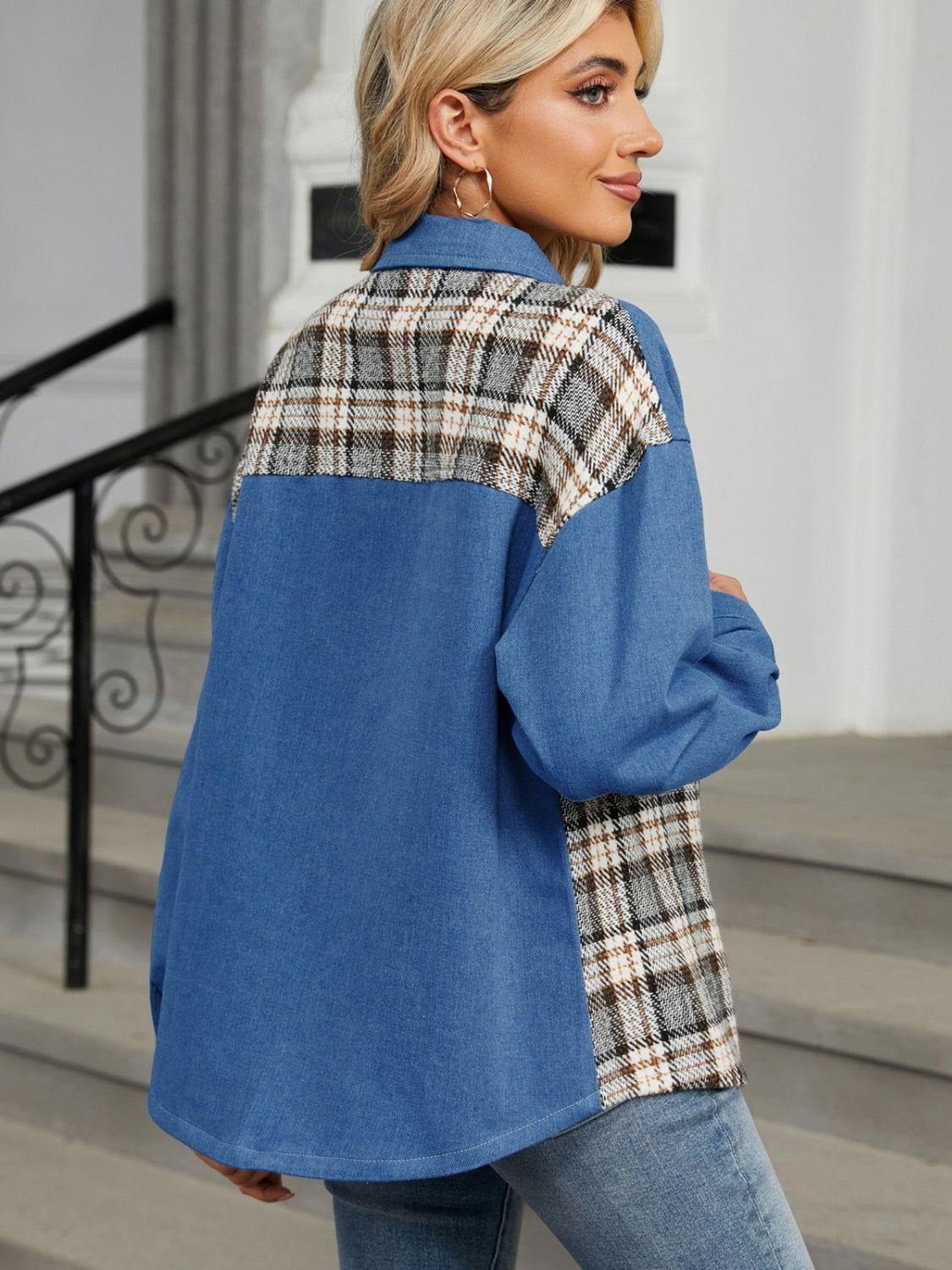 Plaid Button Up Long Sleeve Denim Jacket - Clothes For Her Online Store