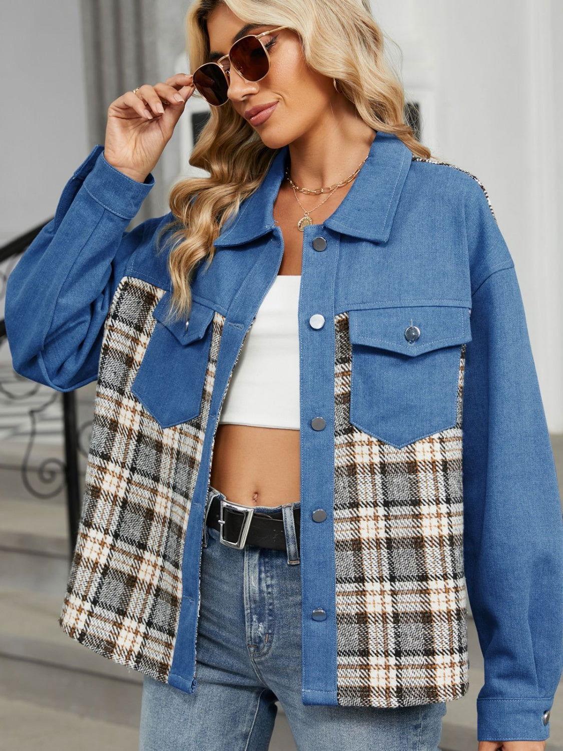 Plaid Button Up Long Sleeve Denim Jacket - Clothes For Her Online Store