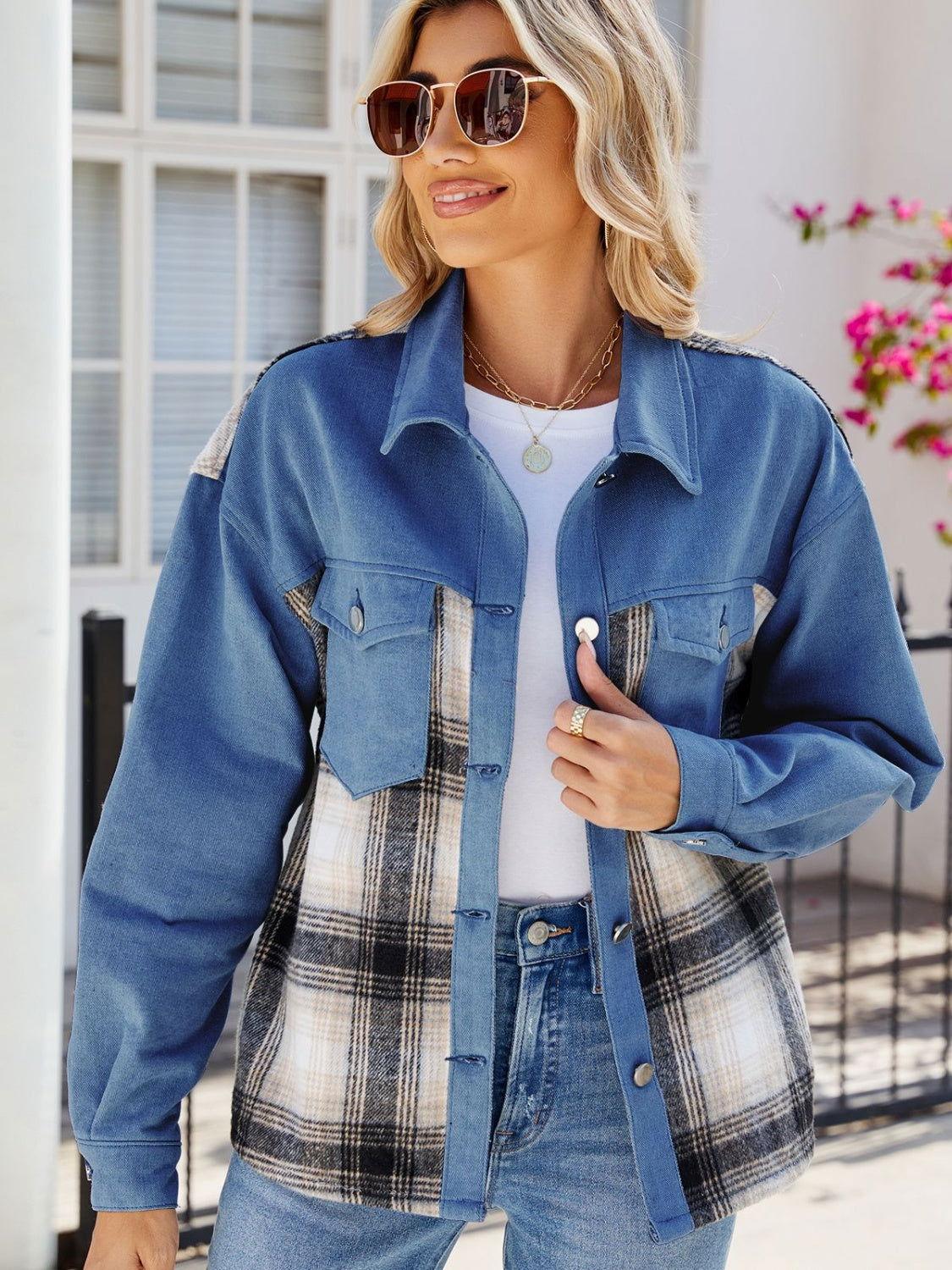 Plaid Button Up Long Sleeve Denim Jacket - Clothes For Her Online Store