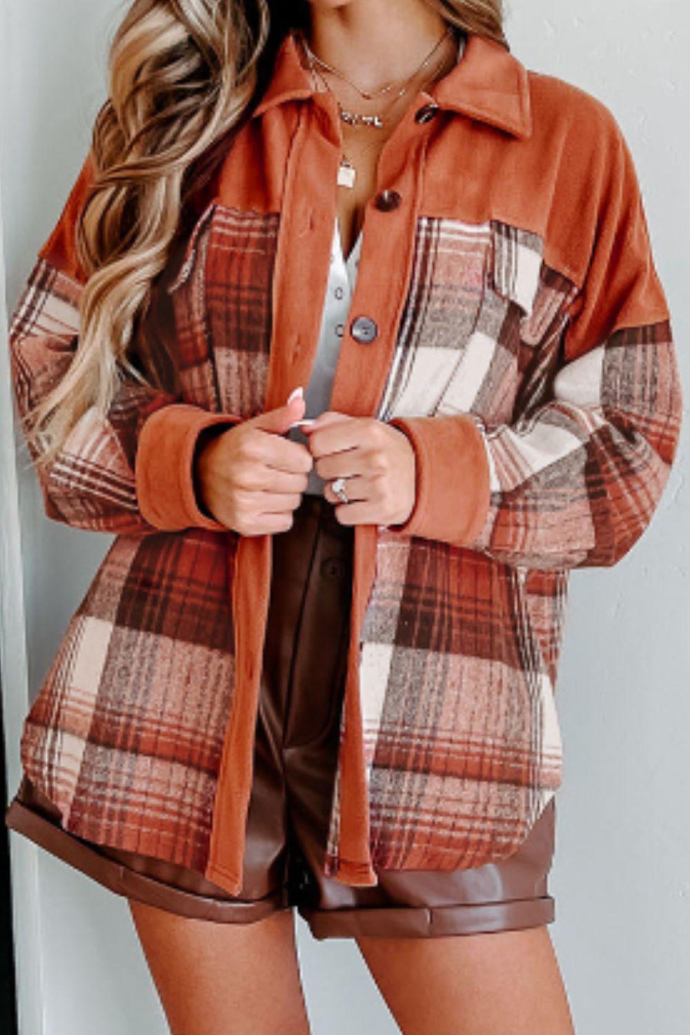 Plaid Button Up Long Sleeve Jacket - Clothes For Her Online Store