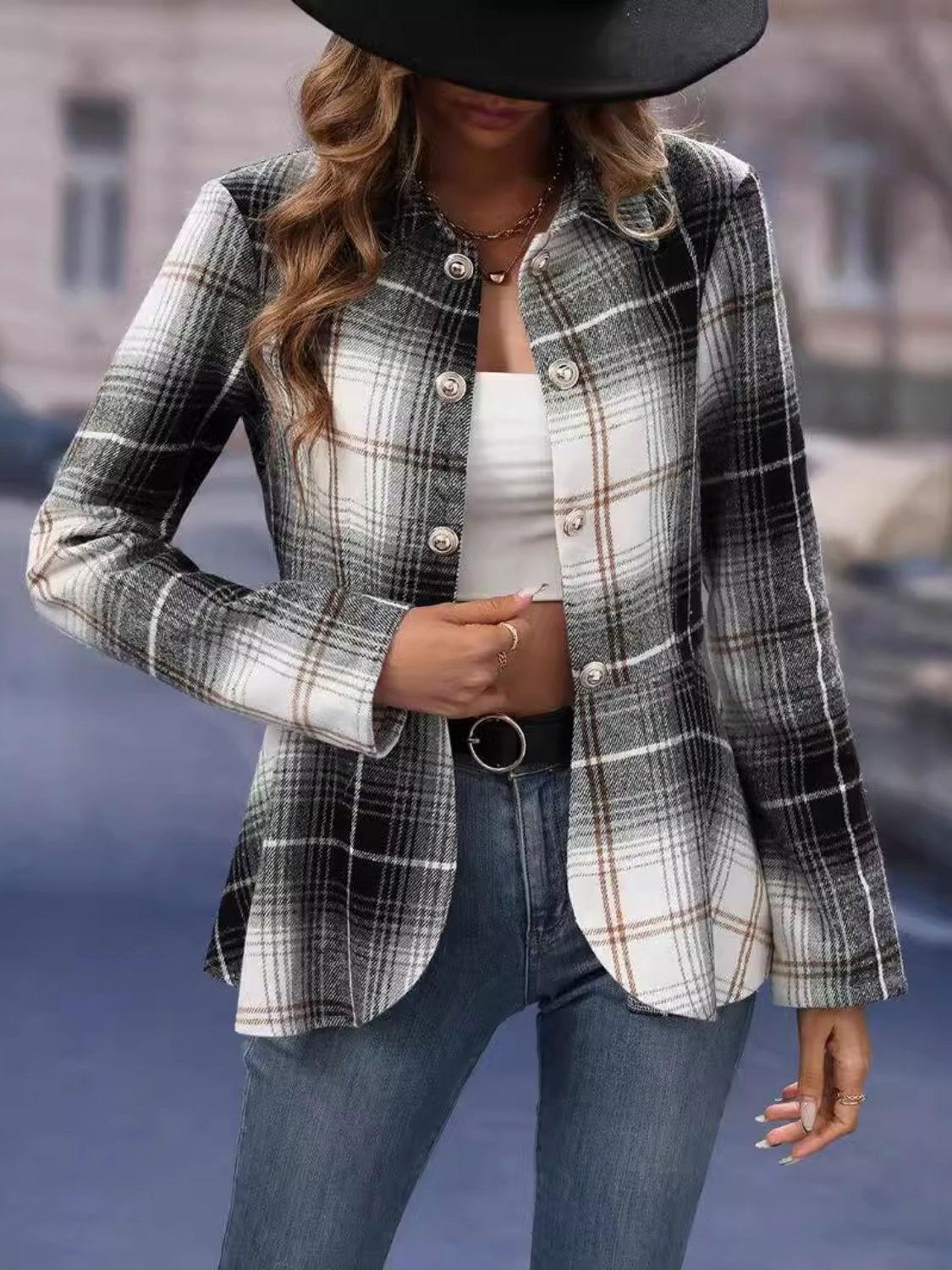 Plaid Button Up Long Sleeve Jacket - Clothes For Her Online Store