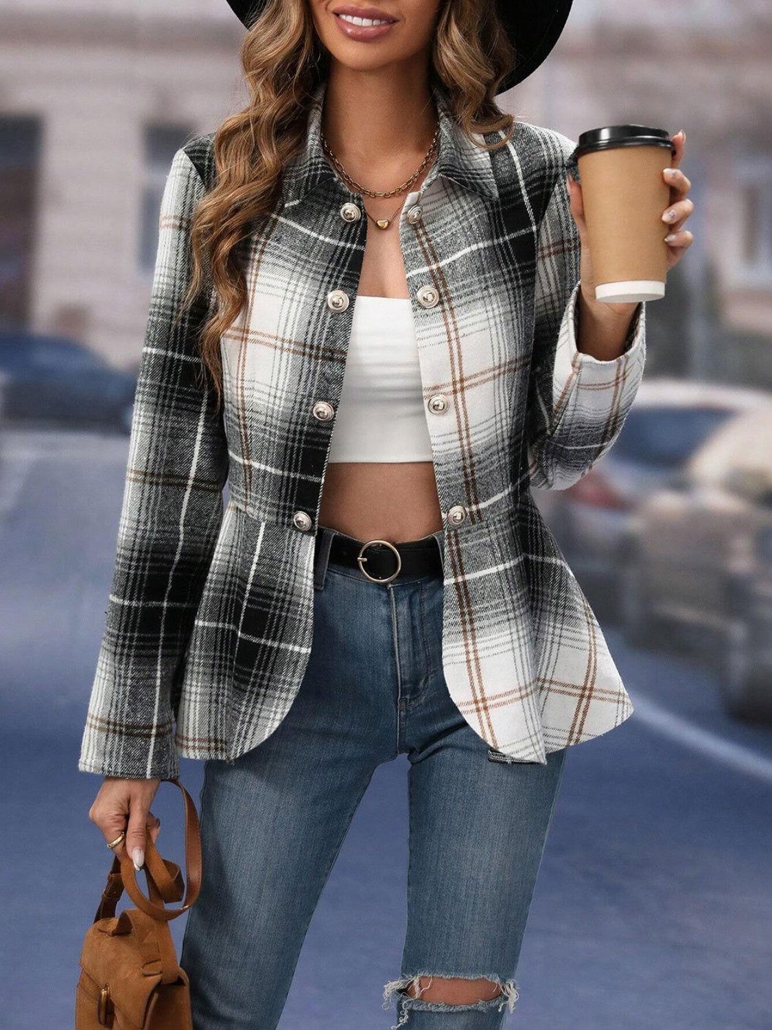 Plaid Button Up Long Sleeve Jacket - Clothes For Her Online Store
