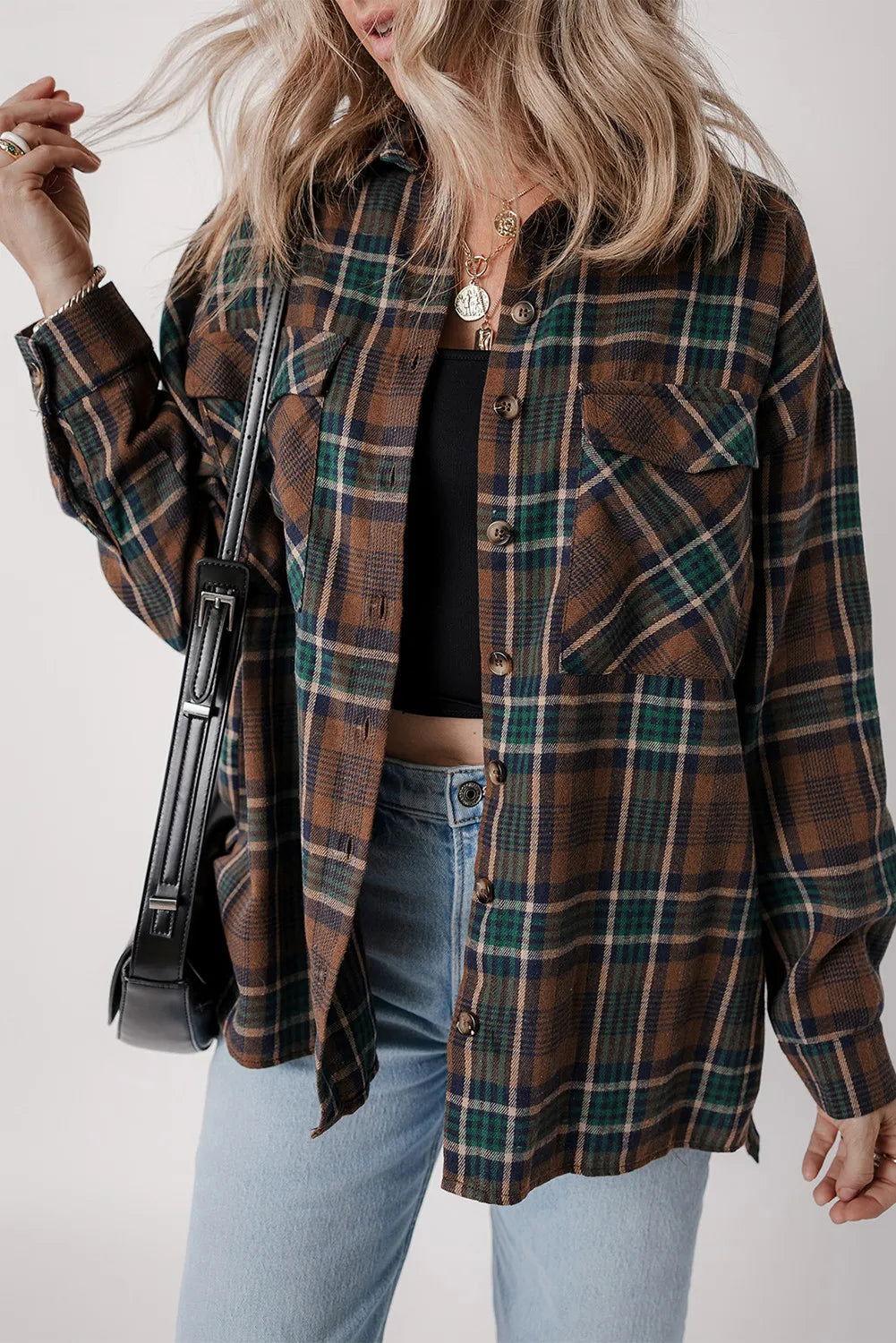 Plaid Button Up Long Sleeve Jacket - Clothes For Her Online Store