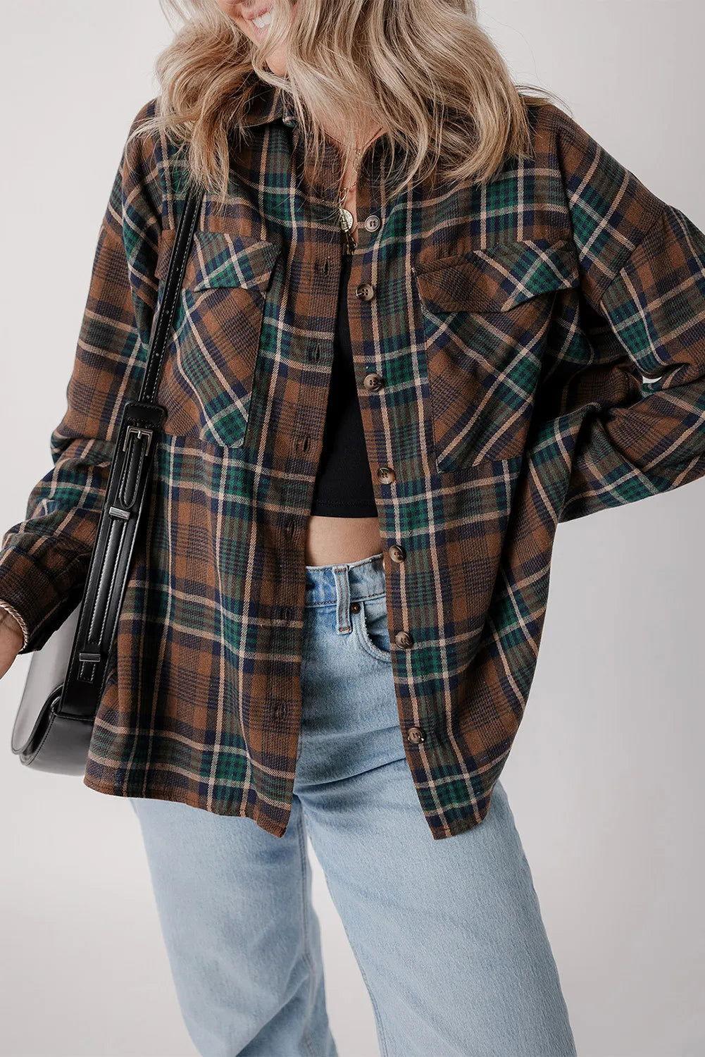 Plaid Button Up Long Sleeve Jacket - Clothes For Her Online Store