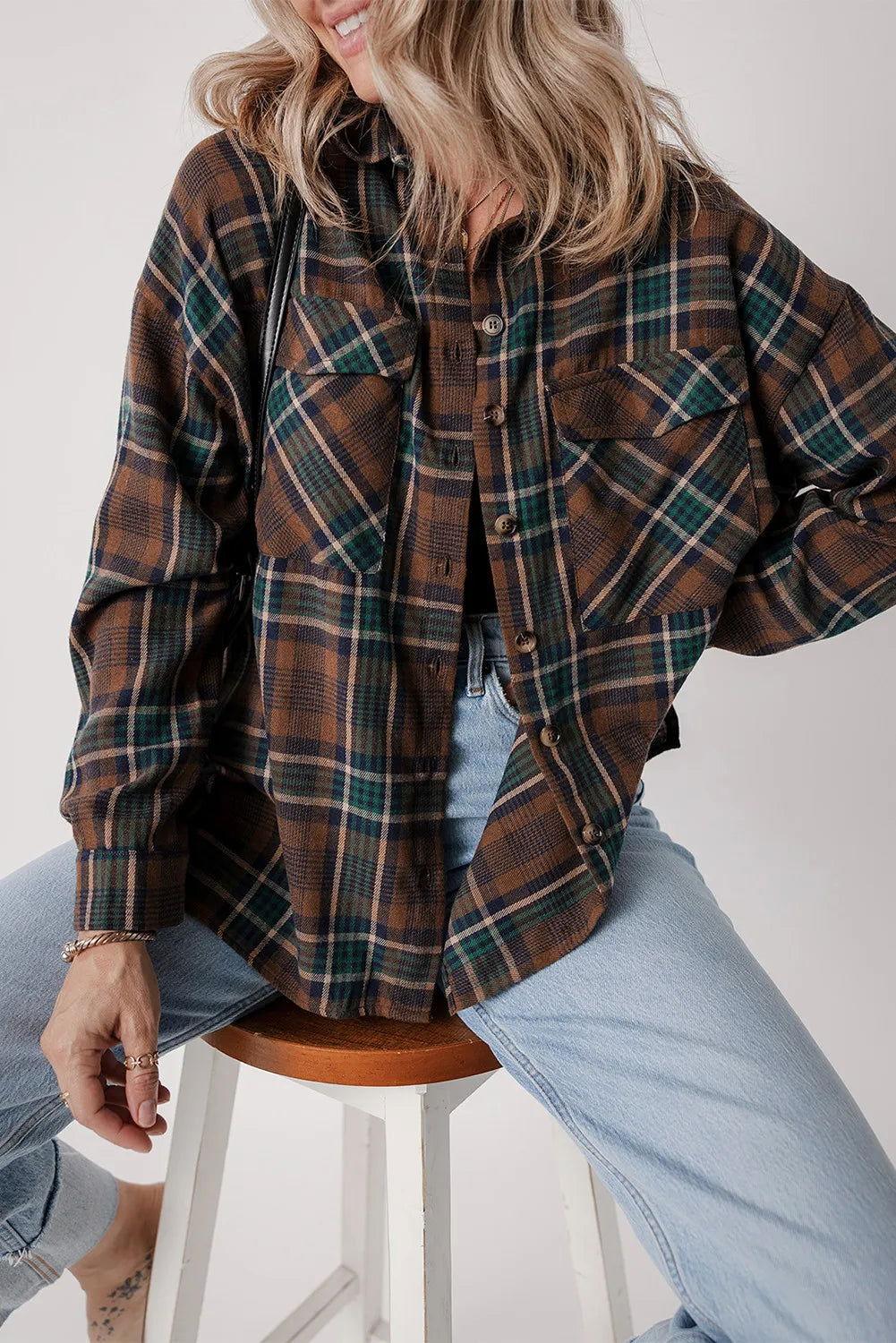 Plaid Button Up Long Sleeve Jacket - Clothes For Her Online Store