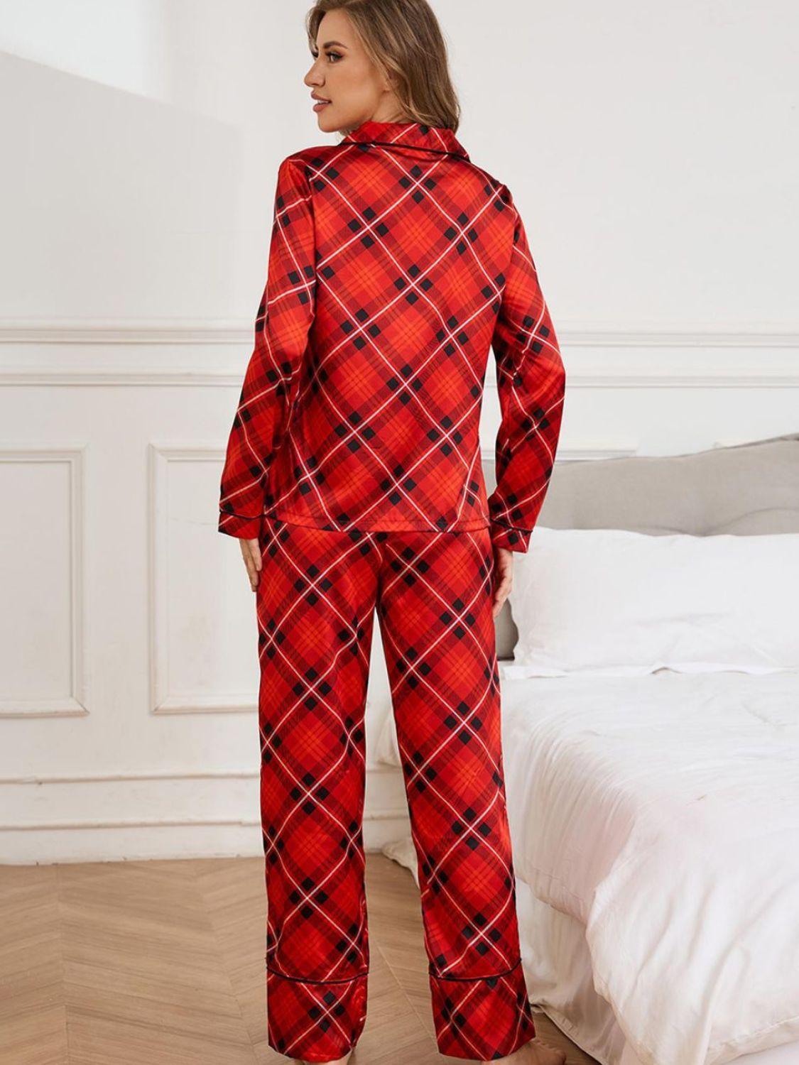 Plaid Button Up Long Sleeve Top and Pants Lounge Set - Clothes For Her Online Store