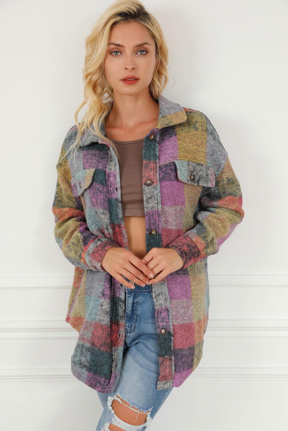 Plaid Collared Neck Button Front Jacket - Clothes For Her Online Store