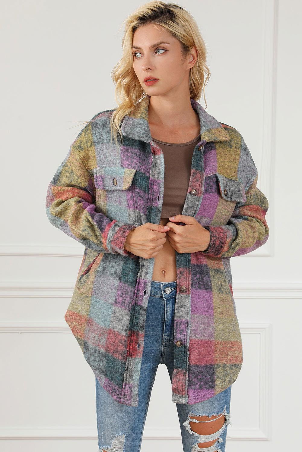 Plaid Collared Neck Button Front Jacket - Clothes For Her Online Store