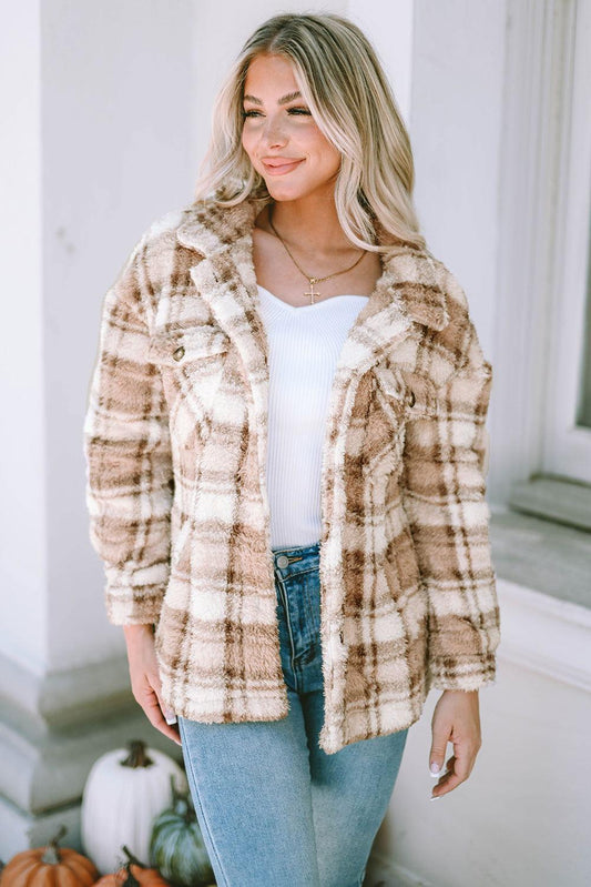 Plaid Collared Neck Jacket - Clothes For Her Online Store