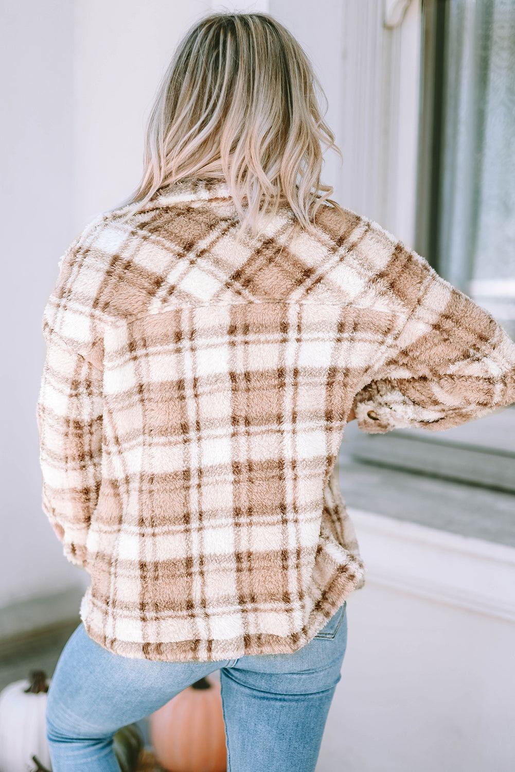 Plaid Collared Neck Jacket - Clothes For Her Online Store
