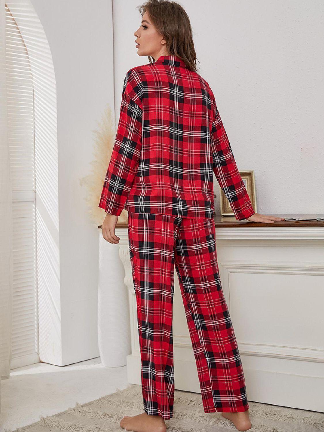 Plaid Collared Neck Long Sleeve Top and Pants Lounge Set - Clothes For Her Online Store