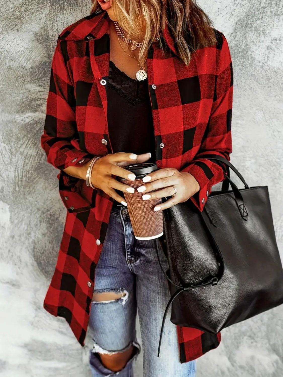 Plaid Collared Neck Snap Down Long Sleeve Jacket - Clothes For Her Online Store