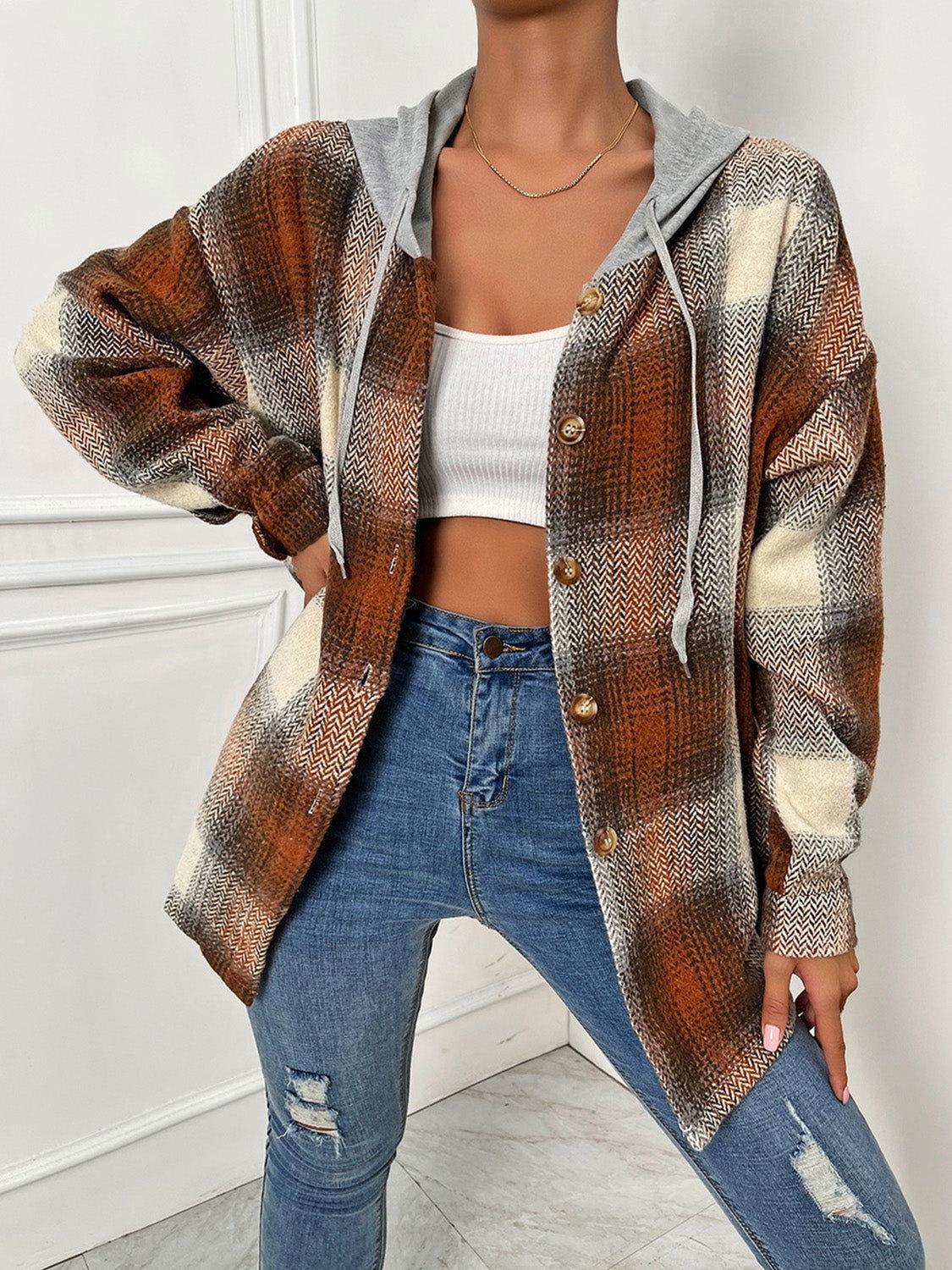 Plaid Drawstring Hooded Jacket - Clothes For Her Online Store