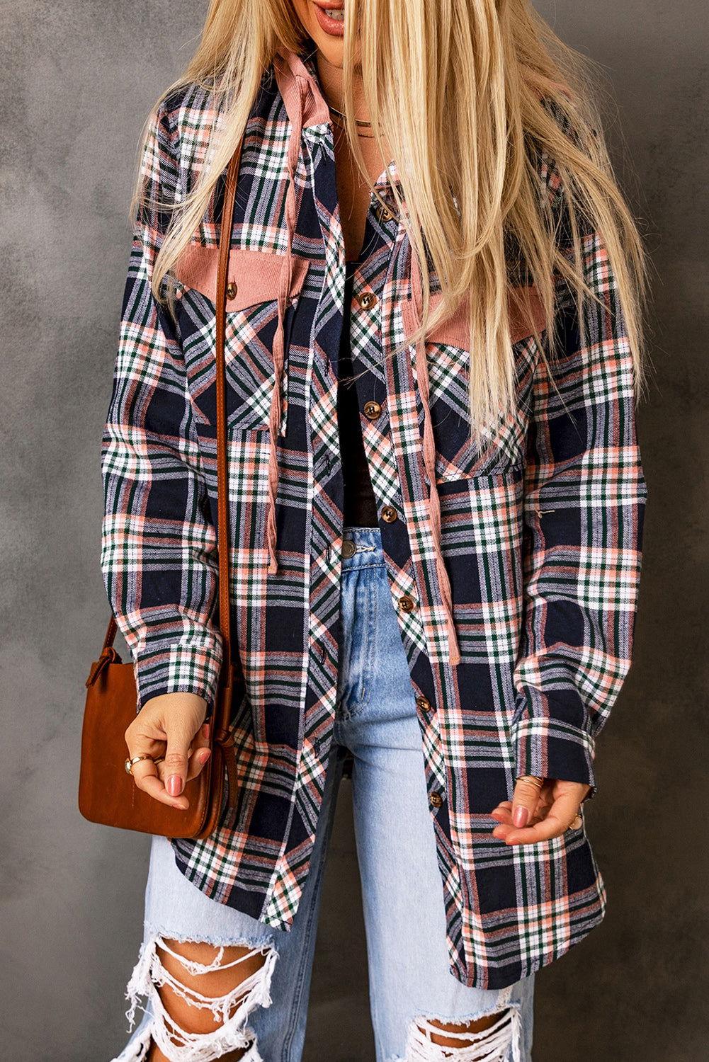 Plaid Drawstring Hooded Jacket with Pockets - Clothes For Her Online Store