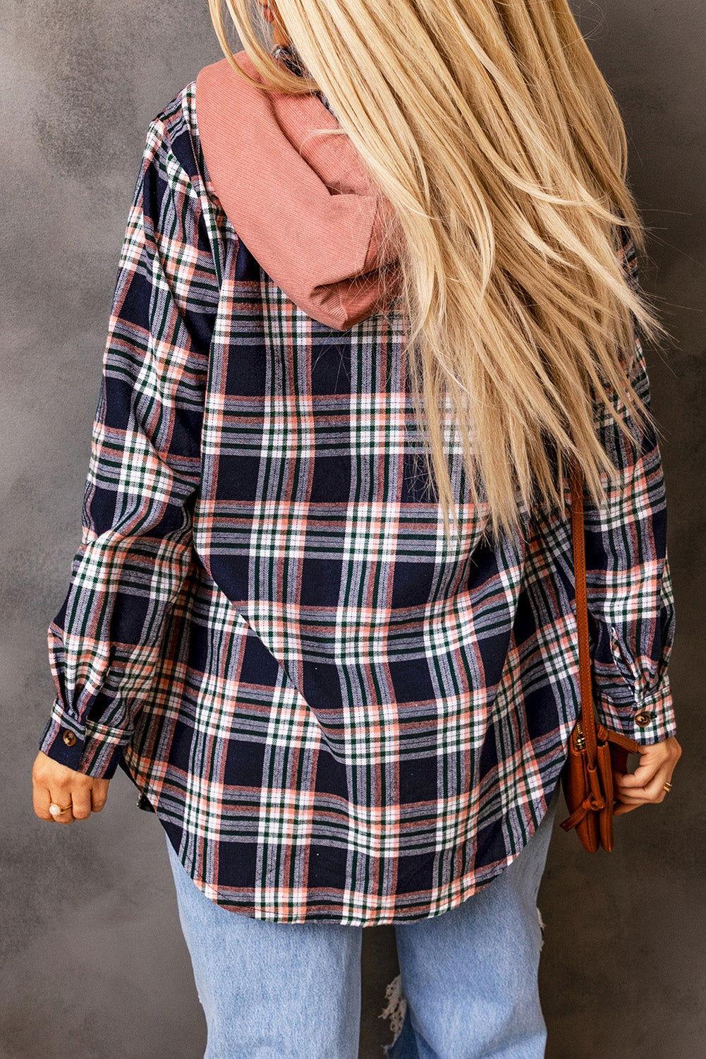 Plaid Drawstring Hooded Jacket with Pockets - Clothes For Her Online Store