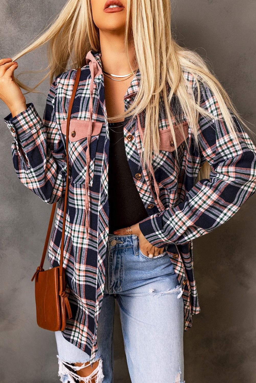 Plaid Drawstring Hooded Jacket with Pockets - Clothes For Her Online Store