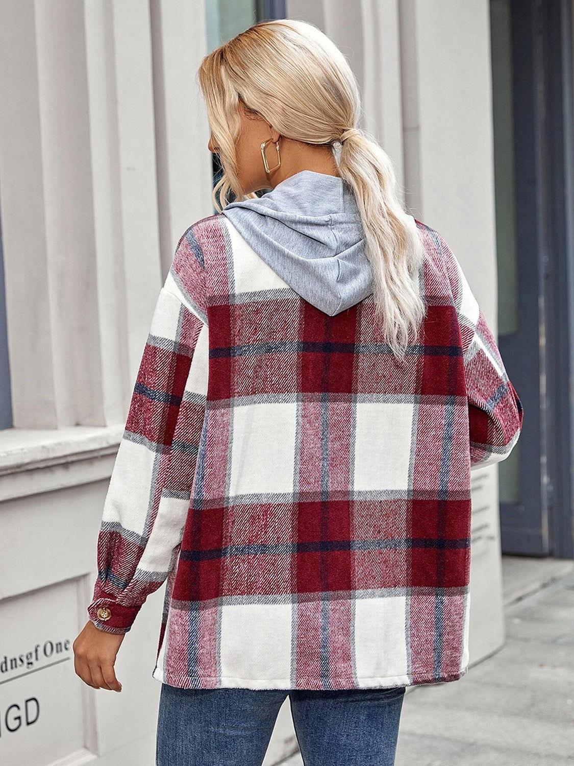 Plaid Hooded Jacket with Pockets - Clothes For Her Online Store
