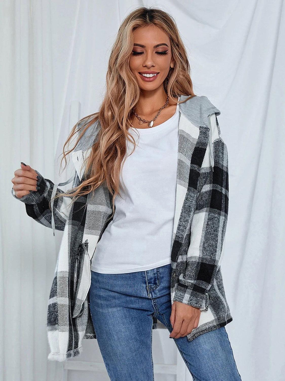 Plaid Hooded Jacket with Pockets - Clothes For Her Online Store