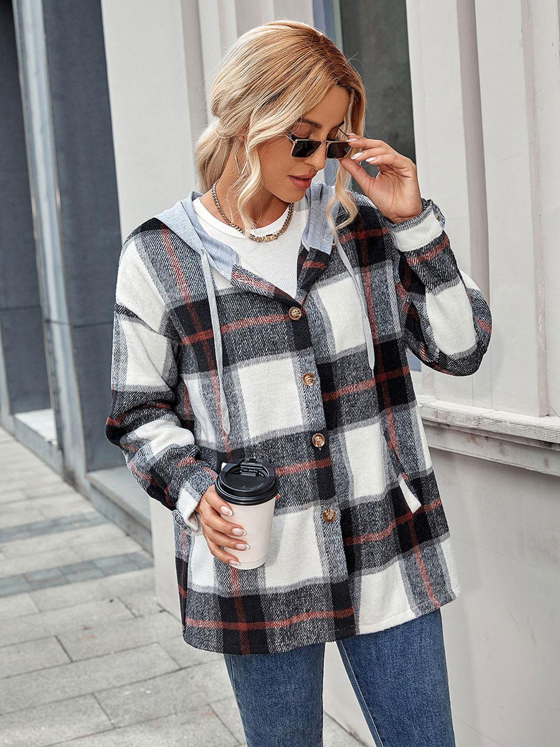 Plaid Hooded Jacket with Pockets - Clothes For Her Online Store
