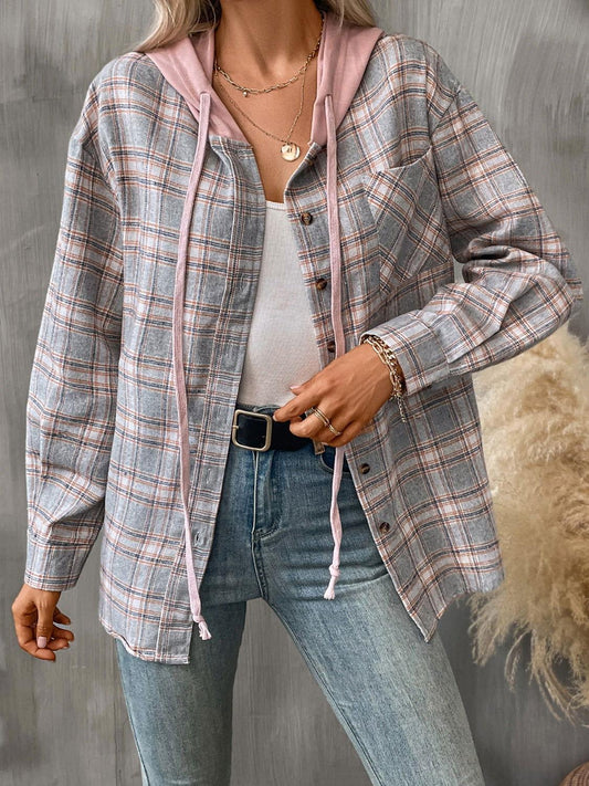Plaid Long Sleeve Hooded Jacket - Clothes For Her Online Store