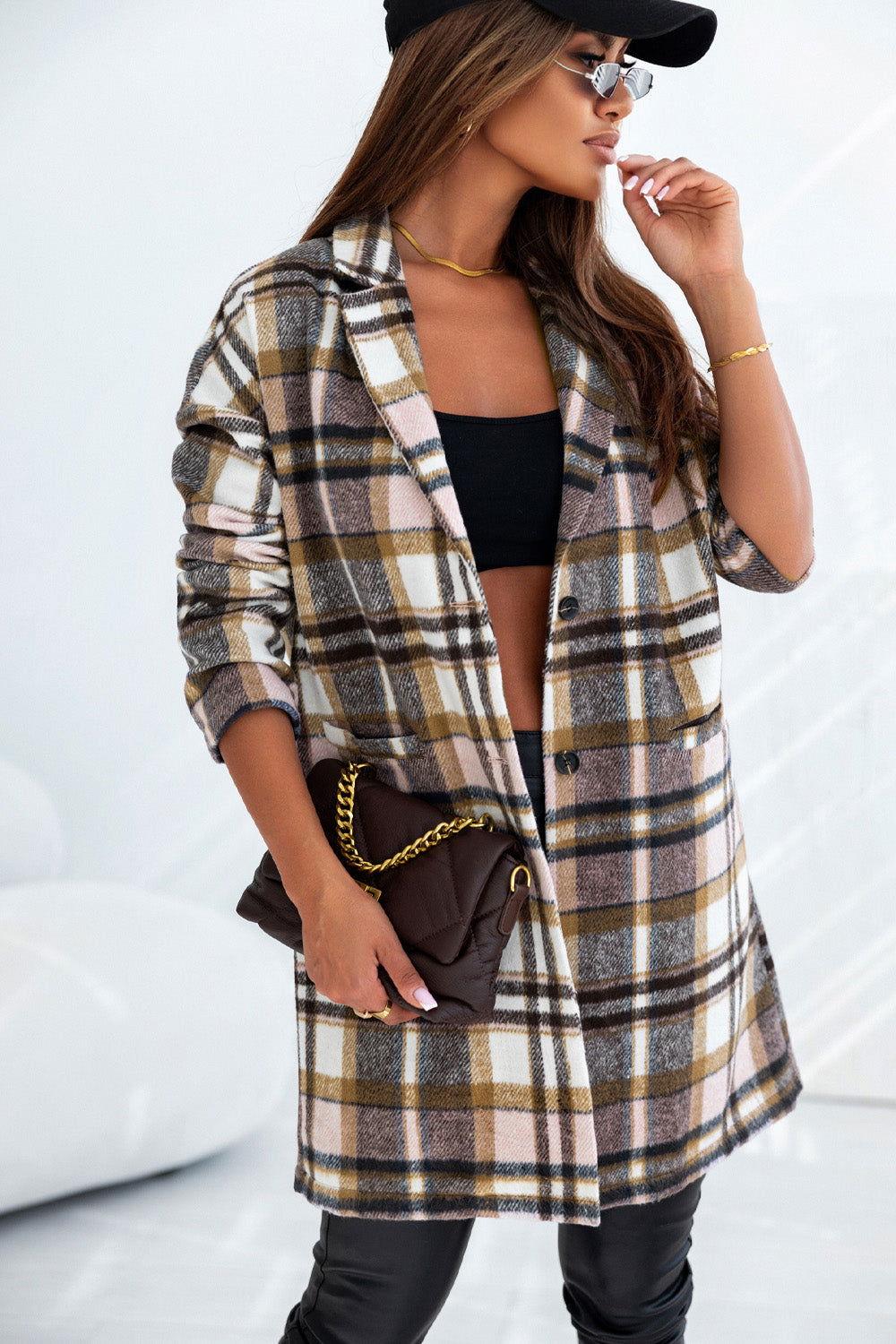 Plaid Longline Jacket with Pockets - Clothes For Her Online Store