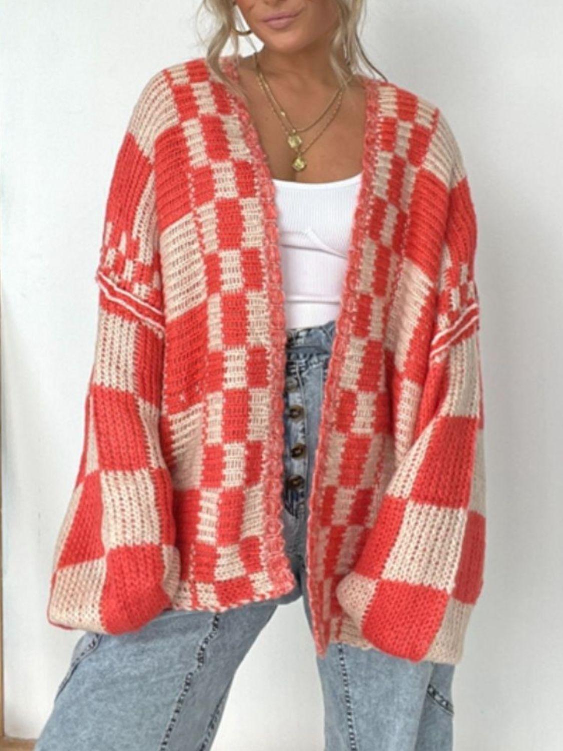 Plaid Open Front Long Sleeve Cardigan - Clothes For Her Online Store