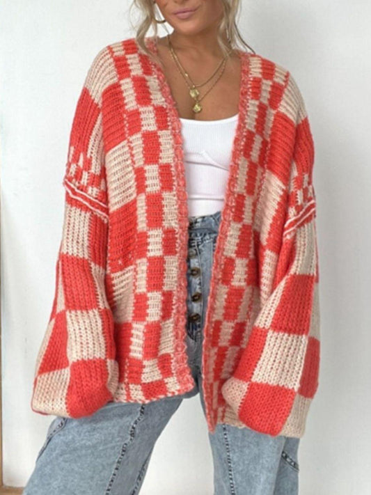 Plaid Open Front Long Sleeve Cardigan - Clothes For Her Online Store