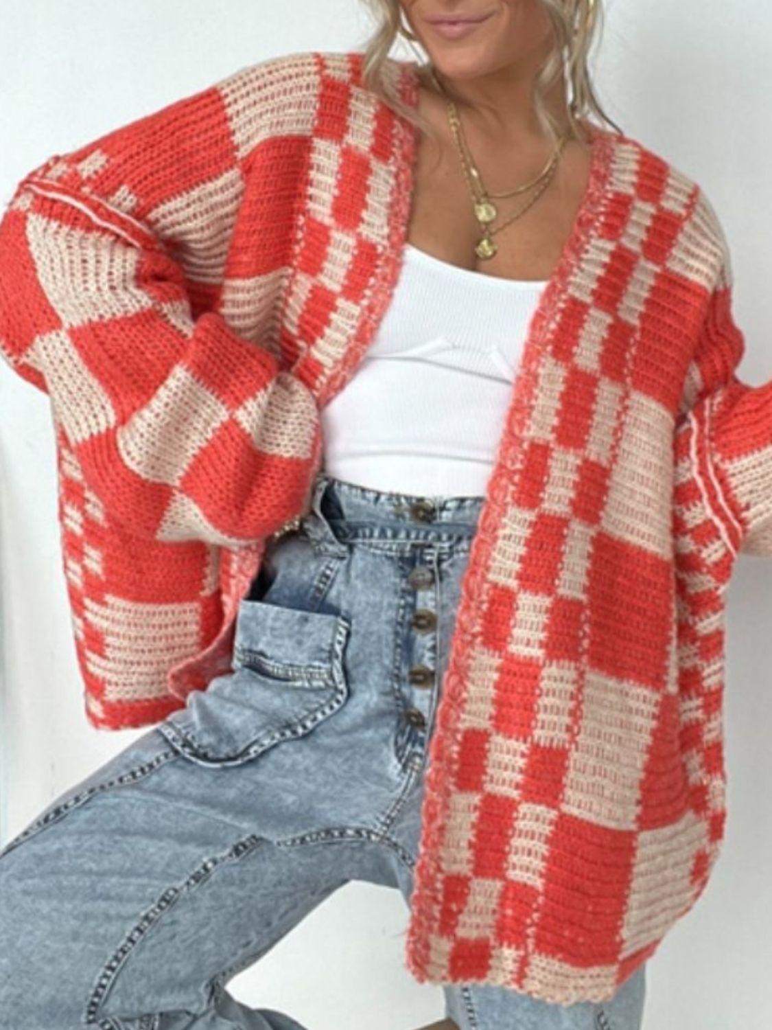 Plaid Open Front Long Sleeve Cardigan - Clothes For Her Online Store